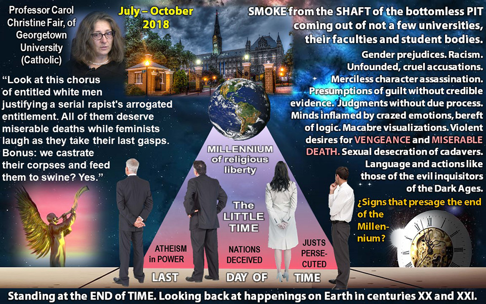 In this image (slide), texts and graphics convey the essential data identifying the Smoke of the Shaft of the Bottomless Pit that comes out of not a few universities, their faculty and student bodies. Professor Carol Christine Fair and Georgetown University exemplify the types of universities and teachers who serve as conduits for this soporific, withering Smoke from the Abyss.