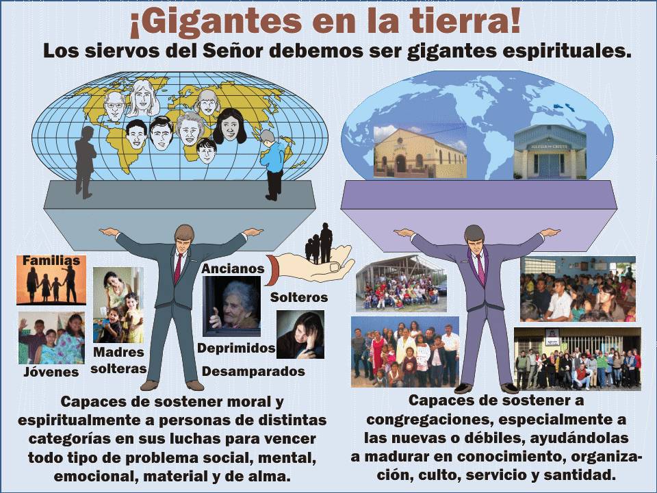 La diapositiva 1, compuesta de múltiples imágenes y textos, para el tema ¡Gigantes en la tierra!, que integra el curso de capacitación ministerial Buenos ministros de Jesucristo.