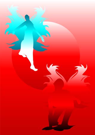 En esta gráfica, figuras que representan el Bien y el Mal, destacados contra on trasfondo rojo, con una esfera roja, ilustran el tema ¿Tienes problemas con el Diablo?, en editoriallapaz.