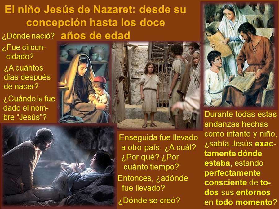 Diapositiva de múltiples gráficas y preguntas sobre El niño Jesús de Nazaret: desde su concepción hasta los doce años de edad, para el estudioso y clases bíblicas.