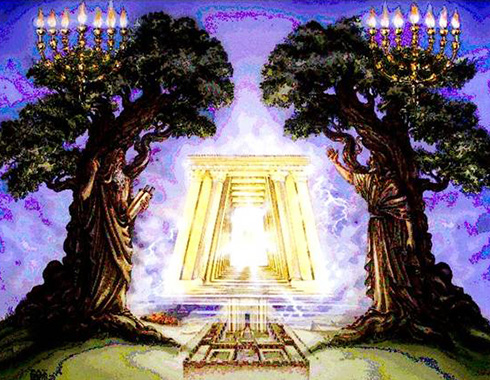 En esta pintura, dos olivos y los dos candeleros literales están en pie delante del Dios de la tierra, ilustración para La identidad de los Dos Testigos, también llamados los Dos Profetas.