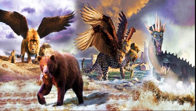 Pintura del sueño del profeta Daniel sobre las cuatro bestias que figuran en las profecías de Daniel y Apocalipsis: el león alado, el oso con dos costillas en la boca, el leopardo con cuatro cabezas y alas, y la bestia con diez cuernos.