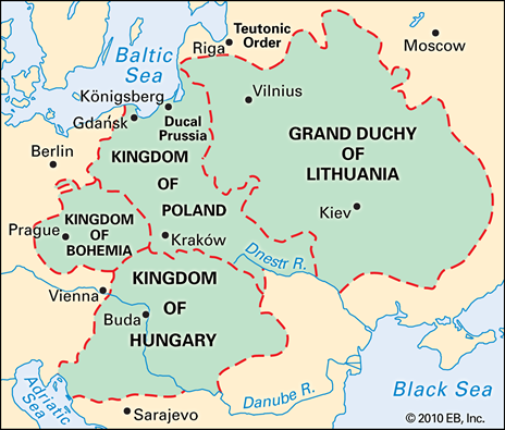 Mapa de entidades políticas de 1400 EC, donde el Reino de Bohemia aparece al oeste del Reino de Polonia y el Reino de Hungría.