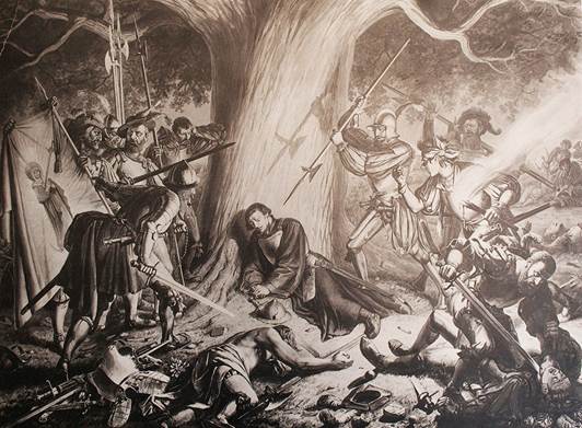 Interpretación artística de la matanza del renombrado protestante Ulrich Zwingli en la Batalla de Capel en octubre 1531.