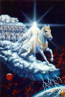 Una imagen con un caballo blanco montado por el jinete Jesucristo en su Segunda Venida sobre nubes blancas de las que sale rayos hacia el planeta Tierra, seguido Jesucristo por los ejércitos celstiales también montado en caballos blancos.