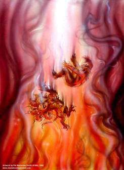 Una visualización artística, destacándose los colores rojo, anaranjado y púrpura, de dos seres fantasiosos que simbolizan a Satanás y la Bestia primordial de Apocalipsis, cayéndose precipitadamente entre llamas largas de fuego hacia el lago de fuego y azufre en el fondo.