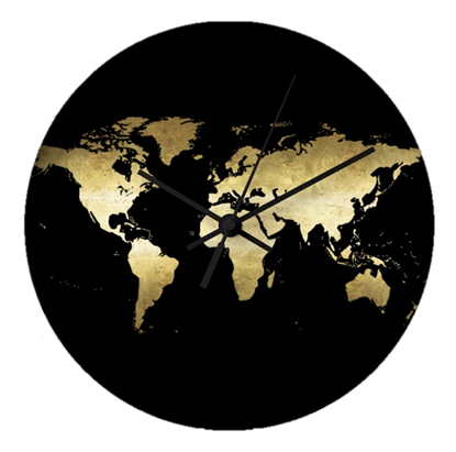 Imagen de un reloj grande redondo y los continentes de la tierra en color de oro sobre la cara de negro intenso.