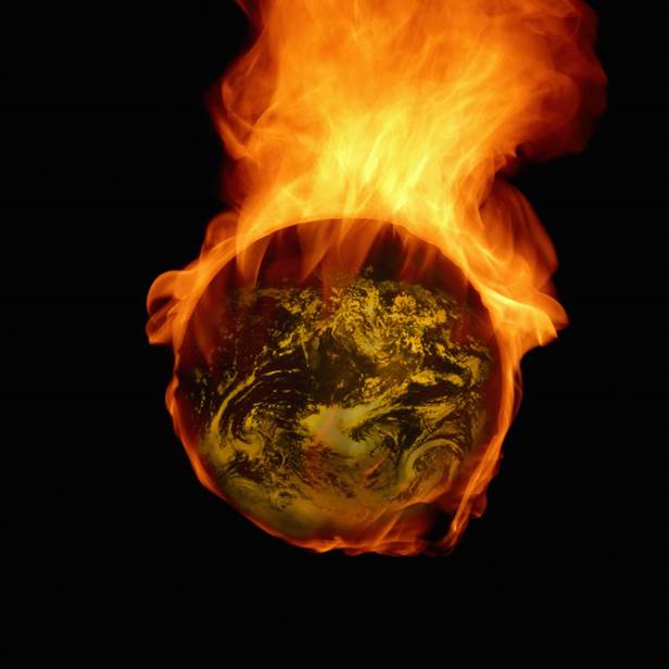 Esta creación artística digital es del planeta Tierra envuelta en llamas con una cola enorme de llamas sobre un trasfondo de negro intenso, ilustración para el tema La tierra y las obras que en ella hay serán quemadas.