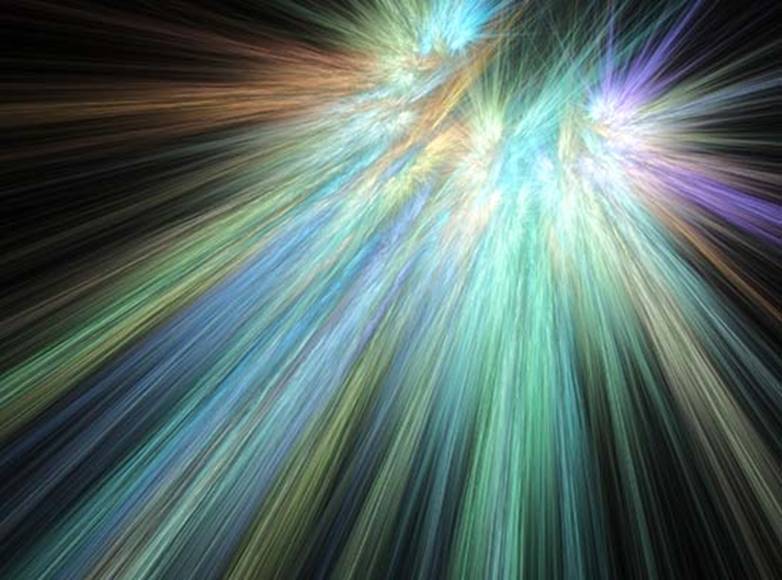 En esta imagen esotérica, un abanico de rayos anchos difusos multicolores se extiende de la esquina superior derecha hacia la esquina inferior izquierda contra un trasfondos negro, en representación de lugares y manifestaciones celestiales.