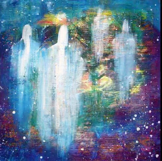En esta pintura artística, cuatro figuras blancas semitransparentes a manera de almas con formas abstractas de seres humanas se presentan sobre un trasfondo multicolor de espacios celestiales.