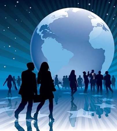 Una creación artística digital de unas veinte siluetas negras de hombres y mujeres parados o caminando sobre una superficie azul con grande estrellas frente a un enorme globo del planeta Tierra y tras el globo, el espacio estrellado.