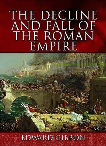 Una imagen de la caratula del libro en inglés, traducido el título, La deterioración y caída del Imperio Romano, con una representación artística de Roma, la capital, bajo asedio por los enemigos del Imperio.
