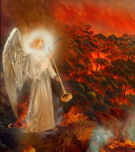 Una pintura de un ángel con la Primera Trompeta de Apocalipsis contra un trasfondo de una selva densa ardiendo con llamas de rojo intenso.