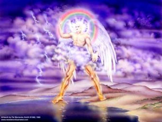 Imagen del ángel fuerte de Apocalipsis 10 frente a un arco iris y con un librito abierto en la mano, ilustración para el Comentario por Homero Shappley.