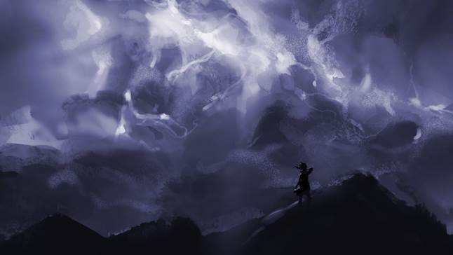Pinturas de nubes oscuras con siete relampagos que representan los siete truenos de Apocalipsis, para el Comentario sobre el tema por Homero Shappley.