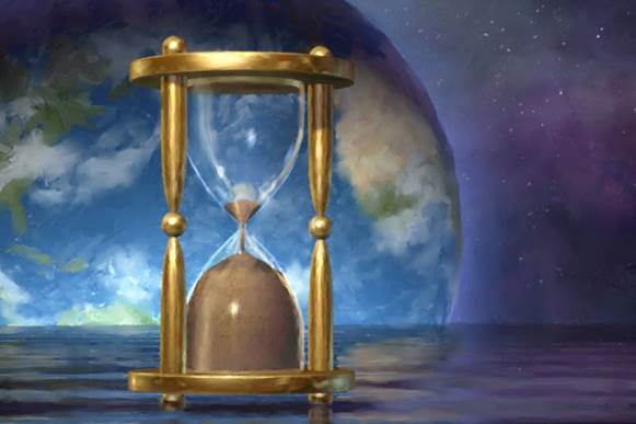 Imagen de un reloj de arena frente a un globo el planeta Tierra ilustra el alcance global de las profecías de Apocalipsis, Commentario por Homero Shappley.