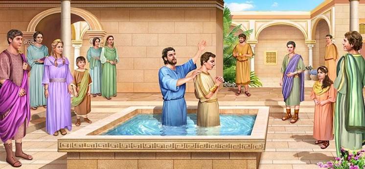 Painting that represents the apostle Peter baptizing the Roman centurion Cornelious, his family, and frieds.