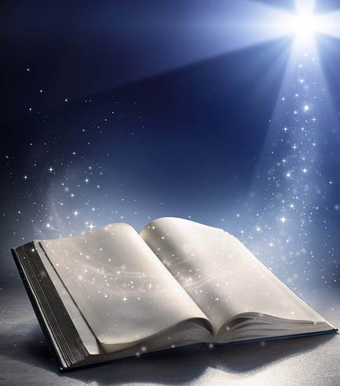Image of a large open Bible against a blue background with stars floating down and across to illustrate the inspiration of the Bible.