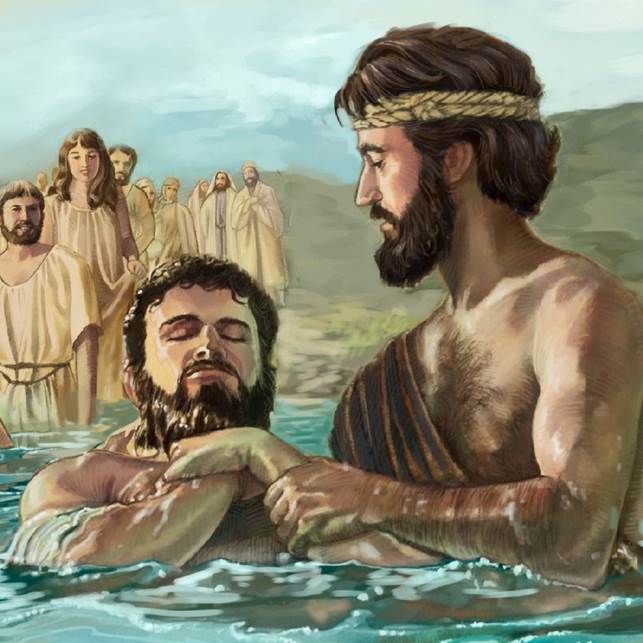 Pintura que representa el bautismo de Jesucristo por Juan el Bautista.