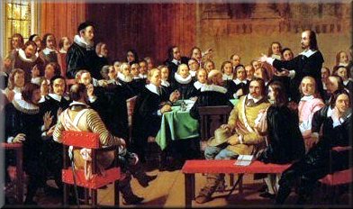 Pintura de la Asamblea de líderes protestantes en Westminster, Inglaterra que compusieron la Confiesión de fe de Westminister.
