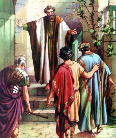 Llegan el apóstol Pedro y sus seis compañeros “fieles de la circuncisión” a la casa del centurión Cornelio en Cesarea, capital de Judea.