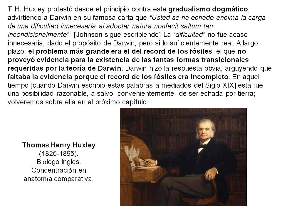 Esta imagen (diapositiva), con Thomas Henry Huxley, biólogo inglés, es la quinta para Mutaciones grandes y pequeñas, del Capítulo Tres del libro Darwin en el estrado.