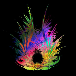 Un cono de diseños entrelazados y brillantes colores contra un fondo negro componen el fractal que adorna el ïndice K de temas bíblicos en editoriallapaz.org