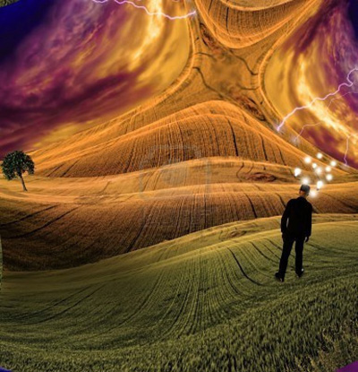 Esta intrigante gráfica de un hombre pensante andando por campos hacia cielos esotéricos ilustra el tema Textos y pensamientos ilustrados, de ocho hermosísimas imágenes en PDF, en editoriallapaz.org.