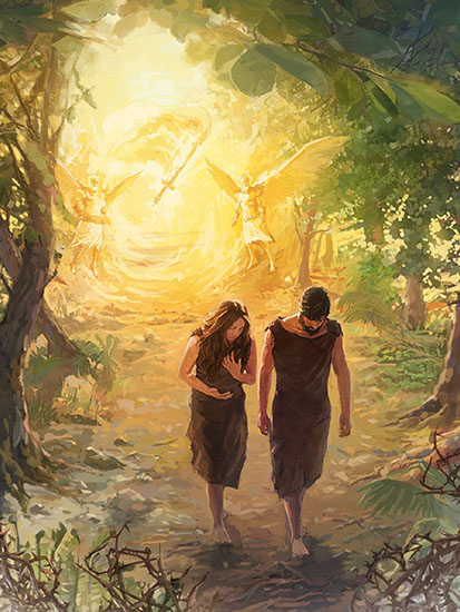 Esta pintura de Adán y Eva saliendo del huerto de Edén ilustra el tema Todos pecaron, análisis de Romanos 5:12-21, dos lecciones con guías para alumnos y textos para maestros, en editoriallapaz.
