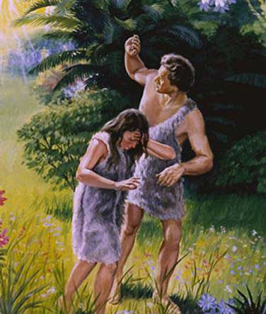 En esta pintura, Adán y Eva, vestidos de pieles, salen del Edén, illustración para El pecado original, Parte II, preguntas y ejercicios para clases, en editoriallapaz.