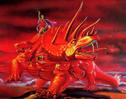 Representación artística de "la gran ramera... sentada sobre una bestia escarlata... que tenía siete cabezas y diez cuernos".