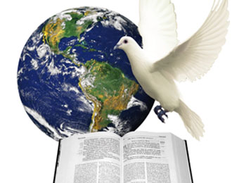 Esta imagen de una Biblia y una paloma blanca contra el trasfondo del planeta Tierra ilustra el documento Plan de Estudios para la formación de Ministros Competentes, en editoriallapaz.org.