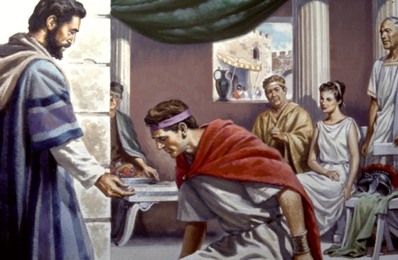 El centurión Cornelio recibe al apóstol Pedro en su casa en Cesarea, Judea, gráfica que ilustra Cornelio: lista de estudios y gráficas, en editoriallapaz.org.