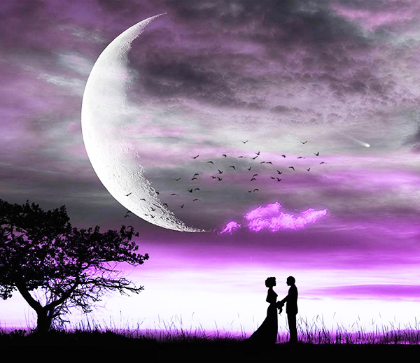 Este abstracto de una pareja en silueta parada cerca de un árbol con una luna cresciente a aves arriba de ellos ilustra el tema ¿Cuáles son los amores buenos?, en editoriallapaz. 