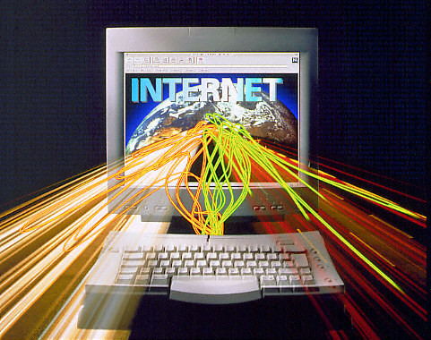 This graphic of a computer with a globe of planet Earth showing in the monitor and the word 'Internet' in large letters is the initial image in the Shappley's Report on Evangelism without borders among the Spanish-speaking for April 30, 2011.