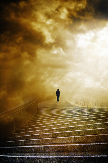 Graphic of a man climbiing the stairway of truth and righteousness to the splenderous new heavens and new earth illustrates the Shapples's Report for August, 2013.