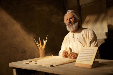 Una pintura que representa al apóstol Pablo en el acto de componer uno de sus múltiples escritos incluidos en el Nuevo Testamento, ilustración para la Lista de estudios sobre Romanos, en editoriallapaz.