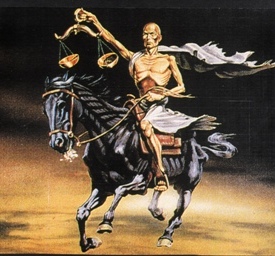 El caballo negro del tercer sello de Apocalipsis, con su jineta que tiene una balanza en la mano -visión de escasez, hambruna, muerte por desnutrición.