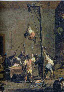 Torturas utilizadas por la Santa Inquisición de la Iglesia Católica Romana -víctima con manos atadas levantada en alto luego soltada de repente. Cayendo precipitadamente, se le arrancaban las coyunturas de brazos y manos.