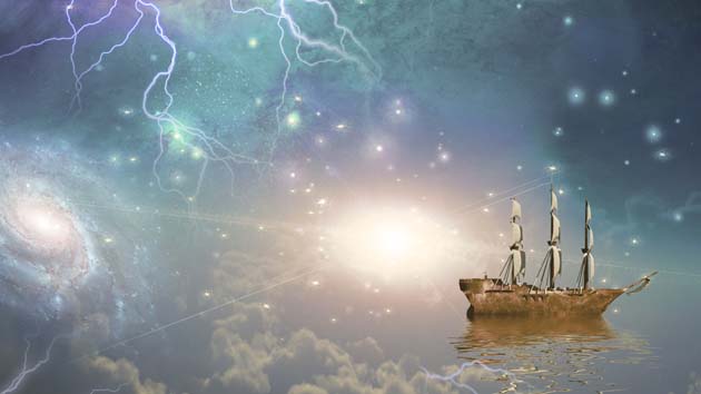 Este velero que cruza océanos de espacio y tiempo en medio de estrellas y galaxias, con una luz grande y brillante en el horizonte, simboliza a la iglesia de Cristo, imagen que ilustra Estudios en Efesios, Lista de los estudios en PDF.