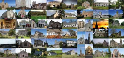 Collage de fotografías de lugares de reunión de distintas iglesias, ilustración para el tema 