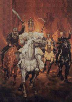 Pintura de un Papa católico guerrero montado sobre un caballo blanco y que sostiene en alto una espada, y detrás de él soldados de un ejército del Papa, ilustración para los Papas guerreros de la Iglesia Católica Romana.