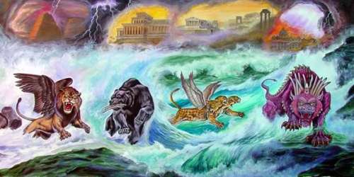 Pintura panorámica por Joe Maniscalco de las cuatro bestias vistas por el profeta Daniel.