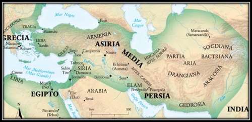 Un mapa en el que se muestra la ubicación de los imperios antiguos de Grecia, Egipto, Asiria, Media y Persia, para un estudios sobre los siete reyes de Apocalipsis. 