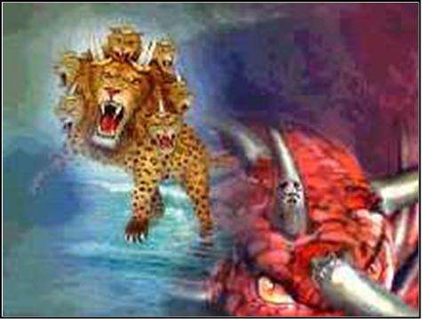 Pintura artística de la Primera Bestia de Apocalipsis con cuerpo de leopardo, siete cabezas y diez cuernos, y de la Sexta Cabeza de la Bestia en la que se destaca el Cuerno Pequeño, contra un trasfondo abstracto de tonos verdosos y rojo oscuro mezclado con sombras grisáceas.