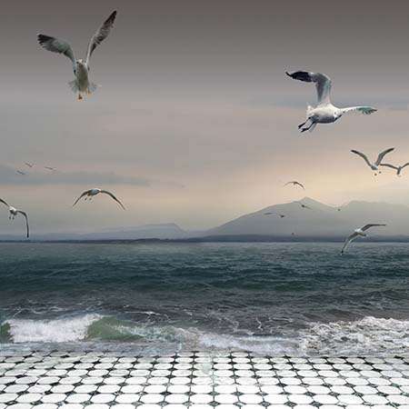 This graphic of large, white birds flying over ocean waves that wash onto an unusual beach of white and black cherckered squares illustras Index K of Moral, espiritual, Bible and religion subjects in Peace Publishers.