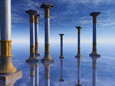 This beautiful graphic of individual, ornate columns on a celestial surface of blue reflecting heavens  of blues and very light white clouds illustrates Index K of subjects in Peace Publishers.