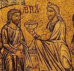 Abraham da el diezmo del botín de guerra al sacerdote Melquisedec, tipo de Cristo.