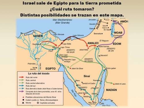 Mapa en el que se trazan posibles rutas que tomaran los israelitas al salir de Egipto y encaminarse hacia la tierra prometida.