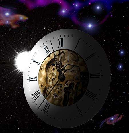 This large clock partially covered by darkness, with the hands indicating 23 minutes before midnight, againist a background of dark space punctuated by stars and gases, illustrates Index T of subjects by Peace Publishers.